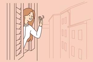 Smiling young woman look out of window waving. Happy female in apartment say hello greeting with someone on street. Vector illustration.