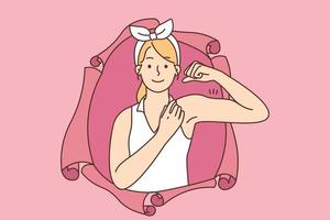 Smiling powerful woman look from hole showing biceps. Happy female demonstrate muscles feeling strong and successful. Vector illustration.