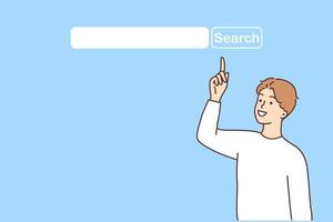 sonriente joven hombre punto a buscar línea para en línea hojeada. contento masculino recomendar utilizar buscando bar en Internet surf. vector ilustración.