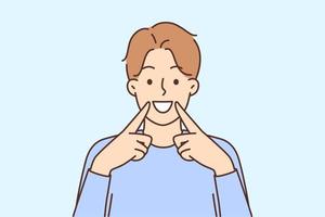 Happy young man point at healthy white teeth after dental treatment. Overjoyed guy demonstrate great smile recommend dentistry services. Oral care. Vector illustration.