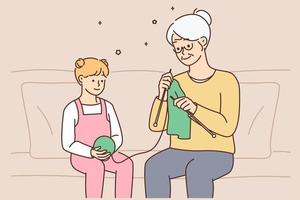 Cute little girl child sit on couch knitting together with elderly grandmother. Smiling grandparent and small grandchild enjoy yarning at home. Hobby. Vector illustration.