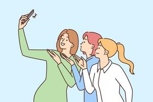 Smiling women send air kisses making selfie on cellphone. Happy girls take self-portrait picture on smartphone together. Vector illustration.