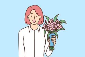 sonriente joven mujer participación ramo de flores en manos saludo con cumpleaños o aniversario. contento hembra con flores felicitar con especial ocasión. vector ilustración.