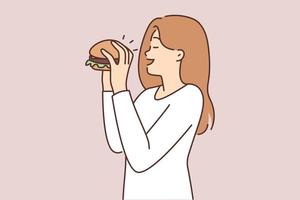 Happy young woman eating delicious hamburger. Smiling female enjoy tasty burger. Food and nutrition. Vector illustration.