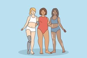 Diverse multiracial women stand together show unity and strength. Smiling girls with different figures and disabilities feel empowered. Vector illustration.