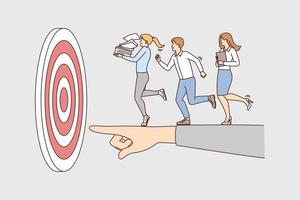 Businesspeople running on huge hand toward work aim. Stressed employees or workers rush to shared business goal or achievement. Vector illustration.