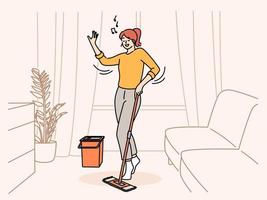 Happy young woman listen to music cleaning home on weekend. Smiling girl enjoy good quality sound relax doing housework in apartment. Vector illustration.