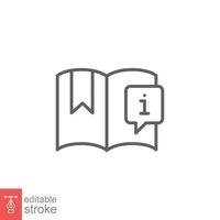 Book with information mark icon. Encyclopedia, catalogue, info and faq concept. Simple outline style. Thin line symbol. Vector illustration isolated on white background. Editable stroke EPS 10.