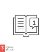 Book with information mark icon. Encyclopedia, catalogue, info and faq concept. Simple outline style. Thin line symbol. Vector illustration isolated on white background. Editable stroke EPS 10.