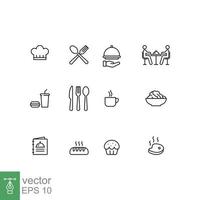 Restaurant food icon set. Simple outline style. Drink, coffee, table, menu, bakery, food and beverage concept. Thin line symbol. Vector illustration isolated on white background. EPS 10.