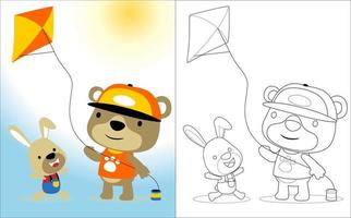 Vector cartoon of cute bear and bunny playing kite , coloring book or page