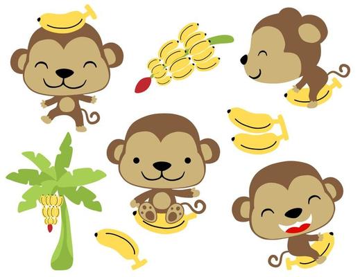 vector set of funny little monkeys cartoon with bananas