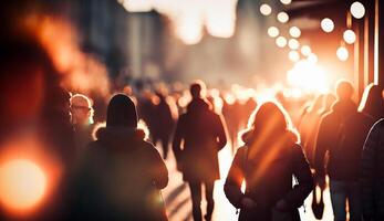 Crowd of people walking in the street with soft bokeh, fast moving in city, photo