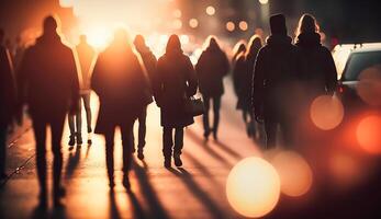 Crowd of people walking in the street with soft bokeh, fast moving in city, photo