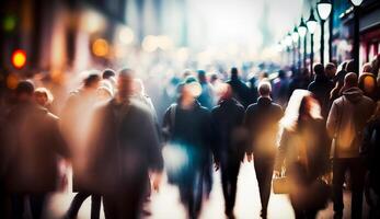 multitud de personas caminando en el calle con suave Bokeh, rápido Moviente en ciudad, generativo ai foto