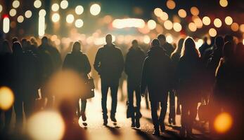 multitud de personas caminando en el calle con suave Bokeh, rápido Moviente en ciudad, generativo ai foto