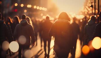 Crowd of people walking in the street with soft bokeh, fast moving in city, photo