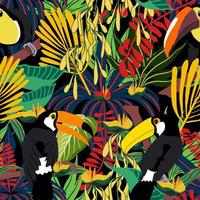 Seamless floral pattern with toucans in tropical rainforest vector