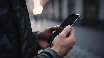 cerca arriba de un hombre utilizando móvil inteligente teléfono en el ciudad foto