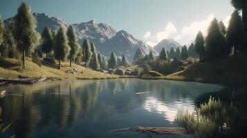 Beautiful landscape with mountain lake and reflection in water photo