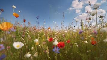 Colorful flowers in a meadow on a sunny summer day,Beautiful meadow with poppies and other wildflowers photo