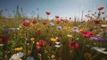 Colorful flowers in a meadow on a sunny summer day,Beautiful meadow with poppies and other wildflowers photo