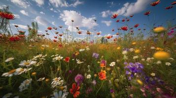 vistoso flores en un prado en un soleado verano día, hermosa prado con amapolas y otro flores silvestres foto