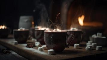 Hot chocolate with marshmallows in front of a fireplace in winter photo