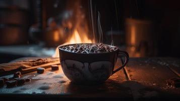 Hot chocolate with marshmallows in front of a fireplace in winter photo
