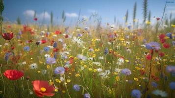 vistoso flores en un prado en un soleado verano día, hermosa prado con amapolas y otro flores silvestres foto