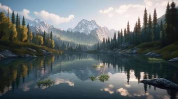 Beautiful landscape with mountain lake and reflection in water photo