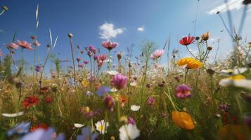 vistoso flores en un prado en un soleado verano día, hermosa prado con amapolas y otro flores silvestres foto