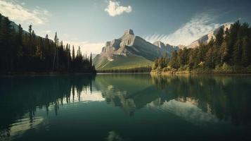 Beautiful landscape with mountain lake and reflection in water photo