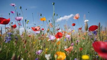 Colorful flowers in a meadow on a sunny summer day,Beautiful meadow with poppies and other wildflowers photo