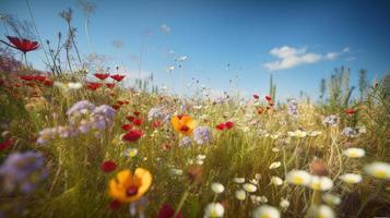 Colorful flowers in a meadow on a sunny summer day,Beautiful meadow with poppies and other wildflowers photo