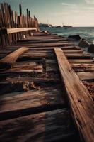 antiguo de madera muelle en el playa a puesta de sol. selectivo atención foto