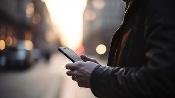 Close up of a man using mobile smart phone in the city photo