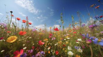 Colorful flowers in a meadow on a sunny summer day,Beautiful meadow with poppies and other wildflowers photo