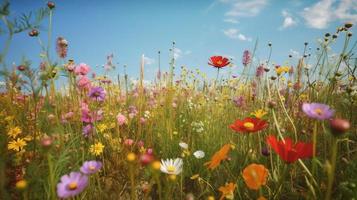 vistoso flores en un prado en un soleado verano día, hermosa prado con amapolas y otro flores silvestres foto