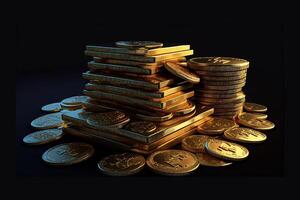 A lot of stacking gold and golds bar on black background, photo