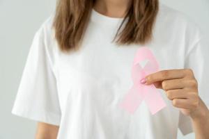 Woman hold pink ribbon breast cancer awareness. Female health check consciousness. international Women Day and World Cancer Day. sign cancer, Symbolic, health care, support patients, timely diagnosis photo