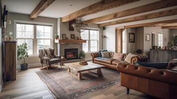 Custom Home Interior with Exposed Wooden Beams - Generatvie AI. photo