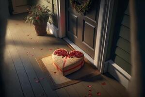 Heart Shaped Package Resting On Welcome Mat At Front Door of House - . photo