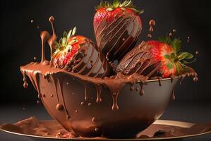 Dripping Chocolate Covered Strawberries Splashing into Chocolate Bowl - . photo