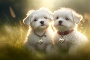 dos hermosa maltés cachorros con corazón conformado collar etiquetas sentado en campo de césped - generativo ai. foto
