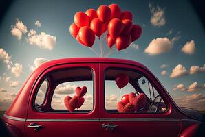 A Bunch of Valentines Day Heart Balloons Attached to a Small Red Delivery Car - . photo