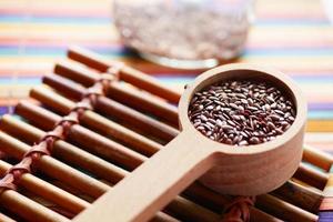 close up of chia seeds in a wooden spoon photo
