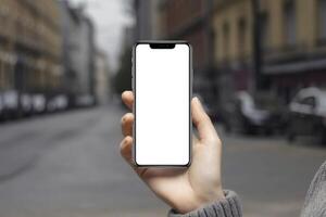 móvil teléfono en mano en el calle, creado con generativo ai foto