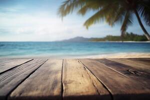 de madera mesa en el tropical playa, creado con generativo ai foto