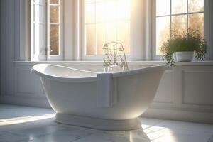 Modern classic white bathtub by the window on a sunny day, created with photo